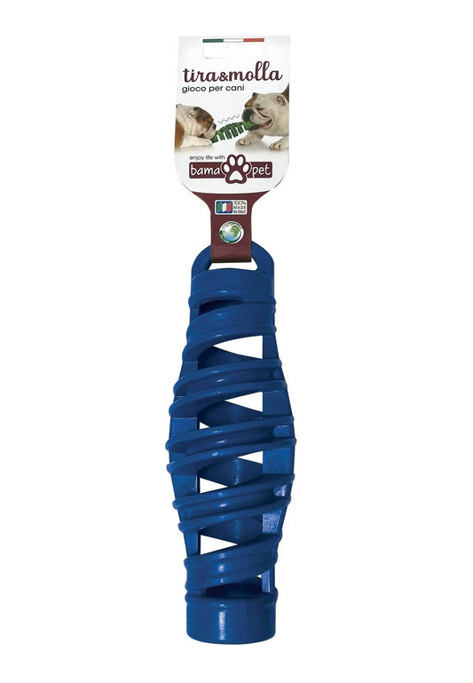 Eco Treats Puzzle Treat Stick – recyclable floating dog toy in blue, 25 cm × 8 cm, designed for tug‑of‑war and treat dispensing, made from Number 5 recyclable plastic.
